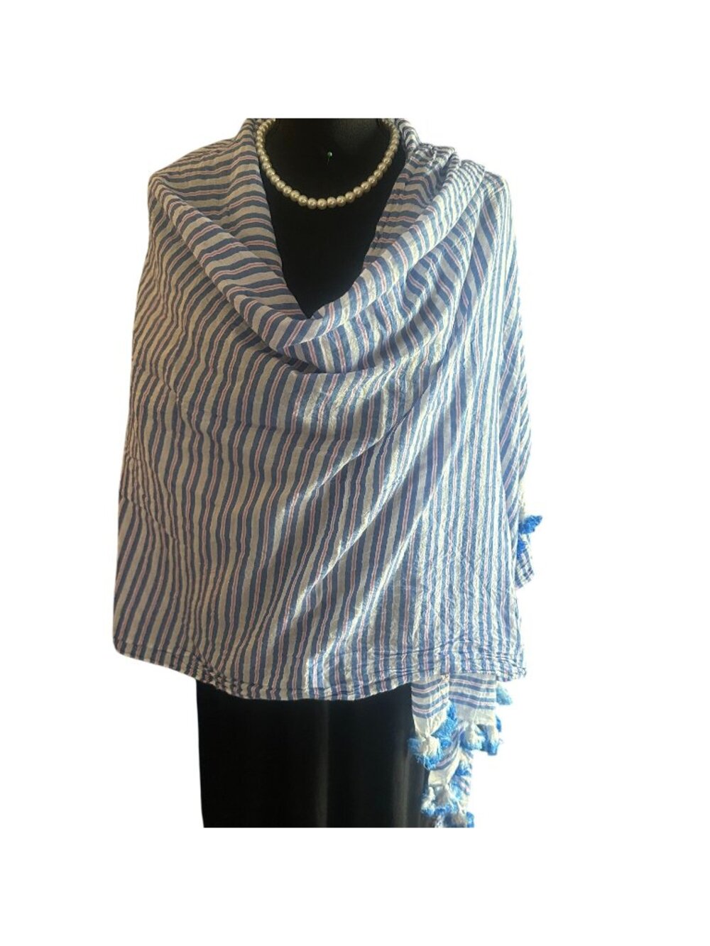 Kate Spade Candy Stripe Tassel Fringe Shawl Womens Wrap Scarf Cotton Sarong